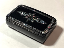 Antique Black Snuff Box with Inlaid Mother of Pearl Hinged Lid VGC 2.75 in picture