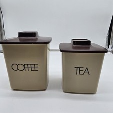 Vintage 70s 2 Piece Plastic Tan Brown Canister Coffee Tea Only Kitchen Decor picture