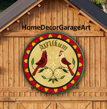 Barn Quilt Sign, Cardinal Birds Welcome, Hex Design Round Metal Sign 6 Sizes picture