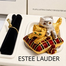 Vintage Estée Lauder Playful Kittens Dazzling Silver Solid Perfume Compact Box picture
