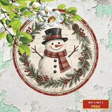 Winter Snowman Wreath Sign Festive Merry Christmas Round Metal Wall Plaque 8x8 picture