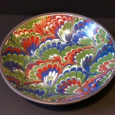Vintg MCM Neiman-Marcus Peacock Hand Painted Porcelain & Pewter Encased 8” Bowl picture