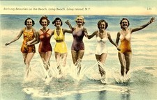 Vintage Long Beach NY Linen Postcard Bathing Beauties Beach Long Island Unused picture