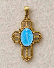 Vintage Blue Guilloché Enamel Virgin Mary Filigree Cross Pendant Gold Tone picture