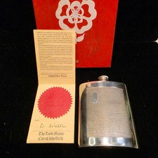 Vintage Sheffield Rose Pewter Hip Flask, Boxed with City of Sheffield Certificat picture