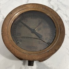 VINTAGE LONERGAN BRASS GAUGE 1-200 psi Steam Pressure-BRASS FACE picture