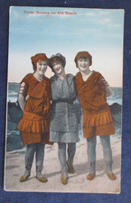 1910s Girls Bathing Suits Three Queens on the Beach Greeting Postcard picture