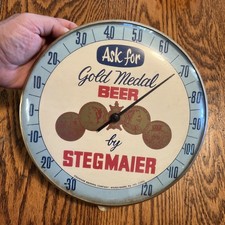 Vintage STEGMAIER Beer Glass Metal 1950s Round Thermometer Works PA Advertising picture