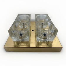 Vtg Gaetano Sciolari Lightolier Ice Cube Glass Flush Mount 4 Light Ceiling Brass picture