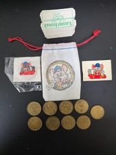 Vintage Chuck E. Cheese Lot Tokens Pin Sticker Drawstring Bag Tickets Arcade picture