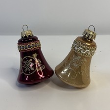 2 Vintage West Germany Red/Gold Glass Ornaments Bells Gold Mica Glitter Crowns picture