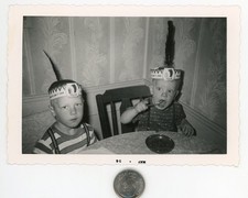 Old 1950's photo / Faux Indian Kids Eat Sugar & Maize LAND OF CORN Feather Bands picture