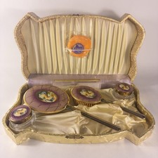 Vtg 1940-50s Gold Boxed Vanity Set Mirror Brush Comb Jars Victorian Portrait picture