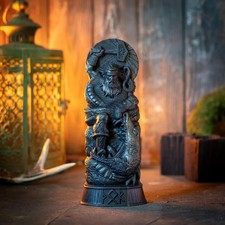 Thor Norse God, wood carved statue, Norse mythology Jormungandr Mjollnir picture