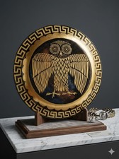 Greek Owl Shield 24 Inch Wooden Hoplite Shield Black Gold Wall Decor picture