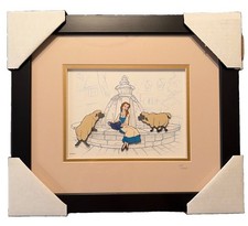 DISNEY'S BEAUTY AND THE BEAST BELLE W/ SHEEP AT FOUNTAIN FRAMED PIN SET LE1000 picture