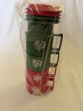 VTG Tupperware Christmas Stacking Mugs Set 4 Red Green Lids Coasters SEALED NOS picture