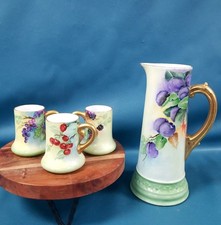 Limoges T&V France ANTQ Signed Ewer Pitcher & 3 Tankards Gold/Green Fruits picture