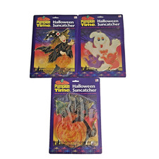 Vintage 80s Halloween Plastic Suncatchers Cat Witch Ghost Lot Of 3 NEW picture
