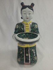 Oriental Vintage Ceramic Kneeling Lady Holding Dish Figure Dragon Green Flowers picture