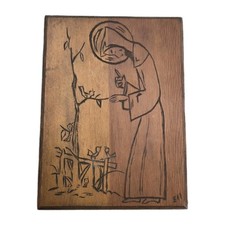 Primitive Folk Art Religious Saint Birds Signed Ell Wood Plaque Etched Vtg  JT picture