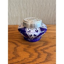 Vintage BMT Mexico Blue White Ceramic Covered Bowl Jar with Metal Lid picture
