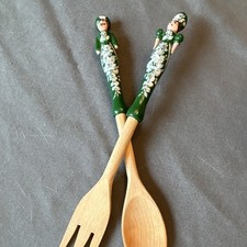 Vintage Hungarian Lady and Man Wood Salad Serving Fork and Spoon picture