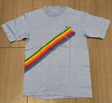Vintage 1980s Apple Tech Rainbow Stripe Hanes Steve Jobs T-Shirt Blue Men’s Sz S picture
