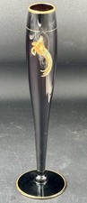 Art Deco Tiffin Black Amethyst Glass Bud Vase Enameled Parrot Gold Trim 10.25” picture