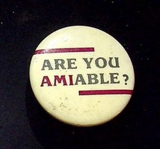 Vintage Are You Amiable Pinback Button Collectible Political Button Advertising picture