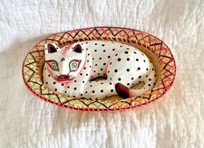 Vintage Balinese Handcrafted Folk Art Spotted Cat Curled in a Colorful Basket picture