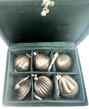 Vtg. Silver Color Metal Christmas Ornament Set Of 6 In A Green Velvet Case Small picture