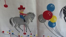 AMAZING Vintage Juvenile Cowboy Horse Balloons Circus Barkcloth Fabric on White picture