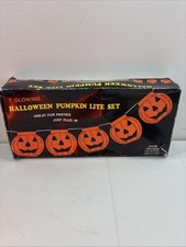 Vintage Blinky Halloween Pumpkin Lite Set 7 Blow Mold String Lights Boxed 6661 picture