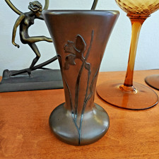Heintz Metal Arts Sterling Silver on Bronze Iris Motif Vase 6.75 