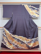 Vintage Japanese Kimono Silk Homongi Deep Purple Gold Floral & Shell Boxes picture