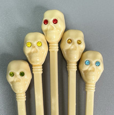 (5) Vtg GEORGE BRIARD Skull Stir Swizzle Stick Rhinestone Eyes Name Your Poison picture