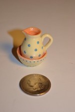 DOLL HOUSE Polka Dot Pitcher & Basin bowl Ivory & Country Blue Enesco 1 1/4
