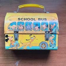 Walt Disney School Bus Metal Lunch Box Thermos Bottle Yellow Dome Thermos Mickey picture