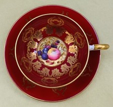 Vtg 1939 AYNSLEY English Bone China Cup & Saucer Burgundy Orchard Fruit, D Jones picture