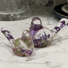 Handcrafted Resin Bird Figurines Set 2 Real Pressed Purple Flowers Decor picture