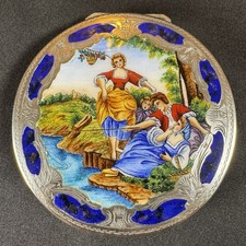 Antique Compact Enamel 800 European Silver Engraved Fishing Scene 2.75