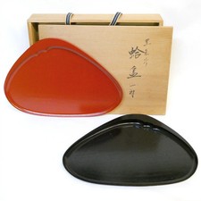 Heian Kawase Black Vermilion Lacquered Clam Tray Pair Japan 30cm (11.8in) picture