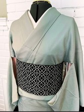 Japanese Vintage Awase Kimono – Mint Green Silk, Subtle Diamond Weave Pattern picture