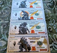 4 Piece 24k Gold Foil Plated Godzilla Banknote Set.  Mint picture