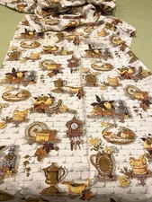 Mid Century Vtg Fabric Home Decor 6 Yards Clocks Fruit Hen Farmhouse Gold Brown picture