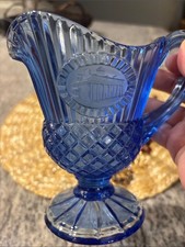 Vintage Colbalt Blue Pressed Glass Pitcher 70s Decorative Home Accent picture