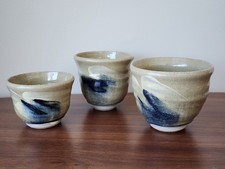 Vintage Studio Pottery Japanese Drip Bowls 1998 Signed Set of 3 Blue Glaze picture