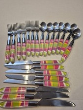 Brylane Home 22 Piece Striped Flatware Set Stainless Green, Stripped Handle picture