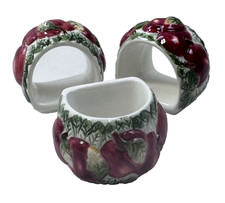 (4A) Vintage FTD Majolica 3D Relief Ceramic Red Apple Napkin Rings - Set of 3 picture